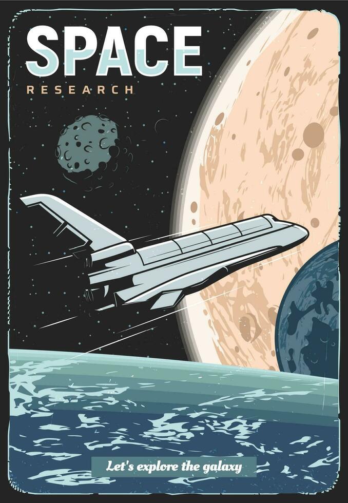 Space research, exploration mission retro poster vector