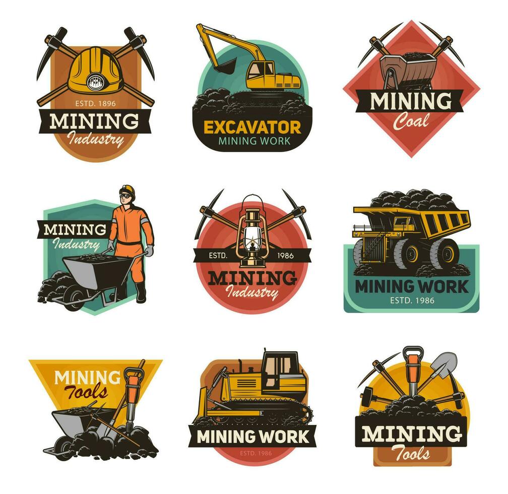 Coal mining machinery, miner equipment tools icons vector