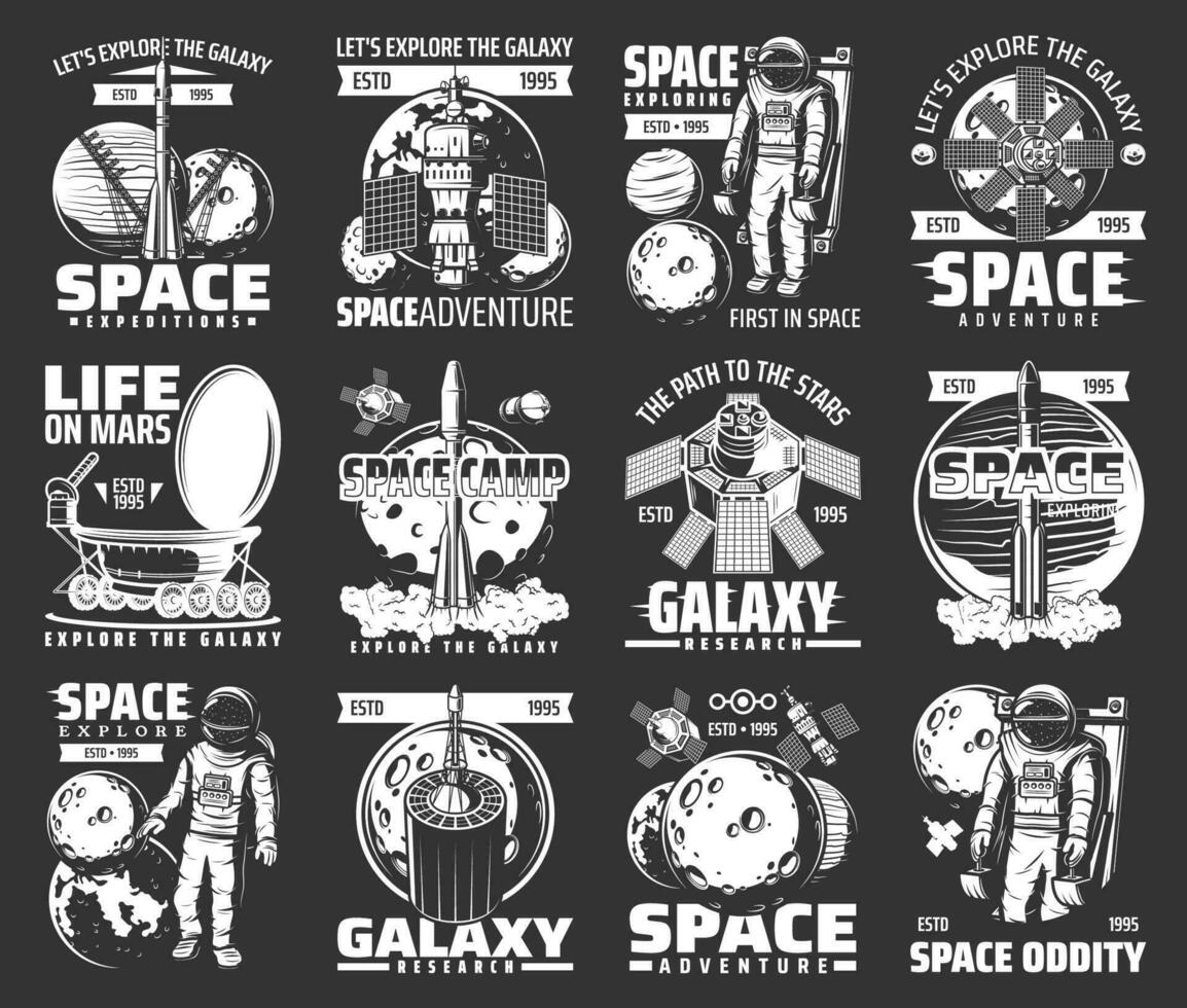 Outer space explore monochrome vector icons set