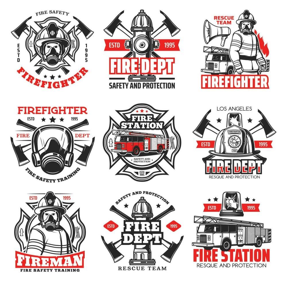 Fire, firefighter department icons, fireman helmet vector
