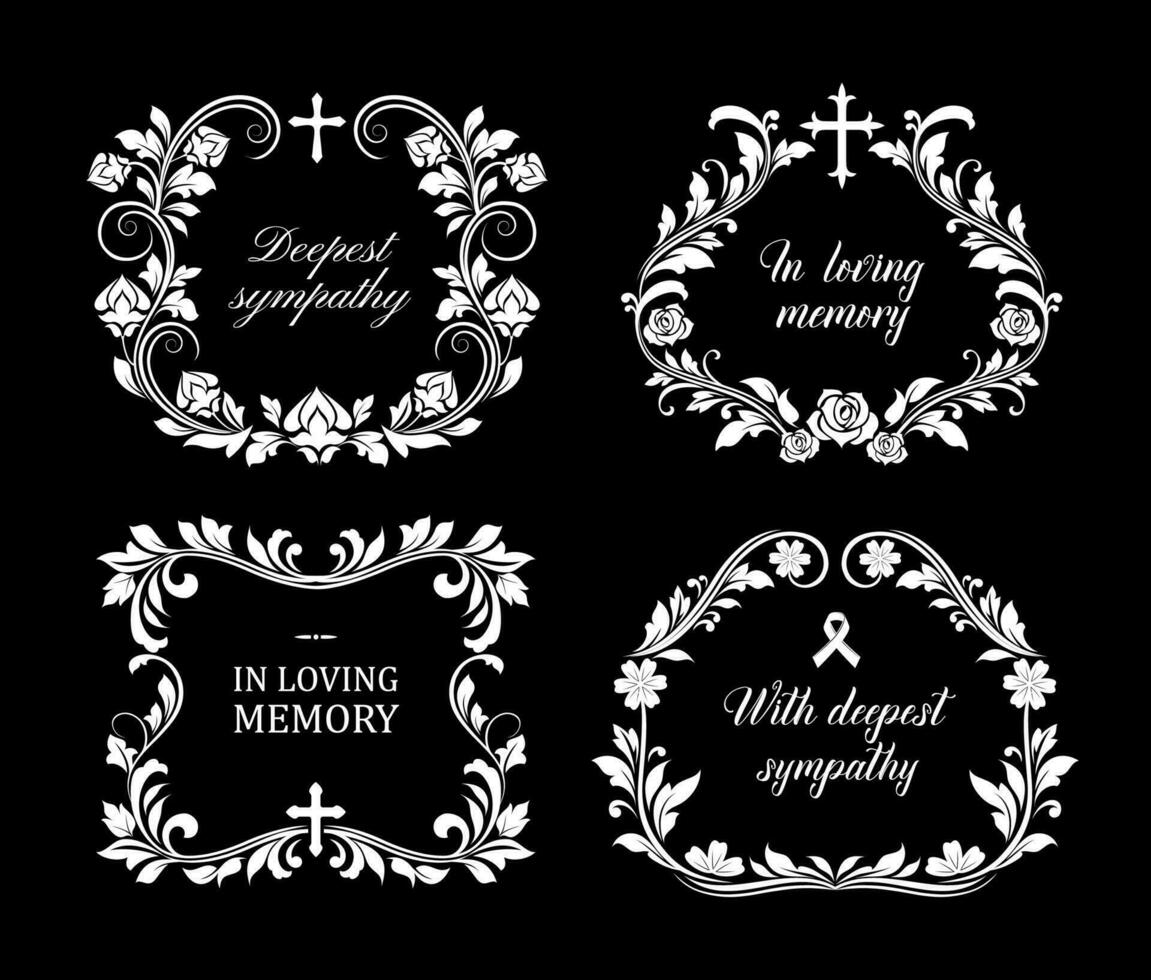 Funeral vector frames, isolated floral borders set