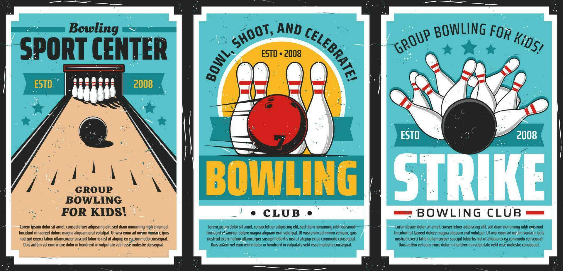 Bowling club posters, ball and pin strike sport vector