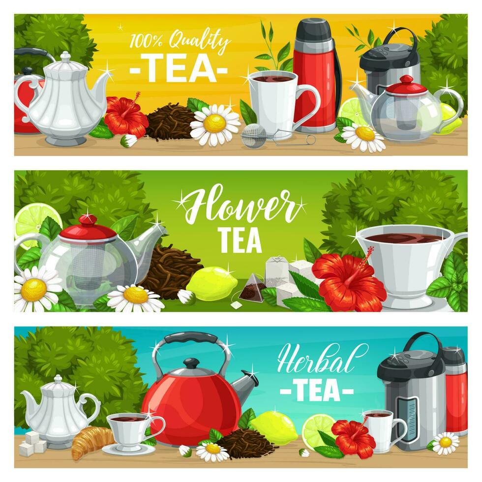 Herbal and flower tea drink vector banners set