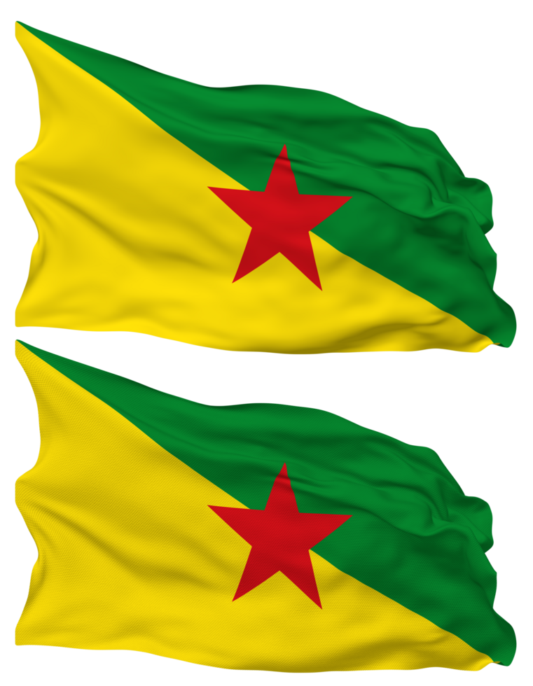 French Guiana Flag Waves Isolated in Plain and Bump Texture, with Transparent Background, 3D Rendering png