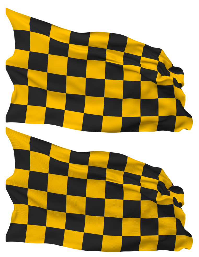 Rennen schwarz und Gelb kariert Flagge Wellen isoliert im einfach und stoßen Textur, mit transparent Hintergrund, 3d Rendern png