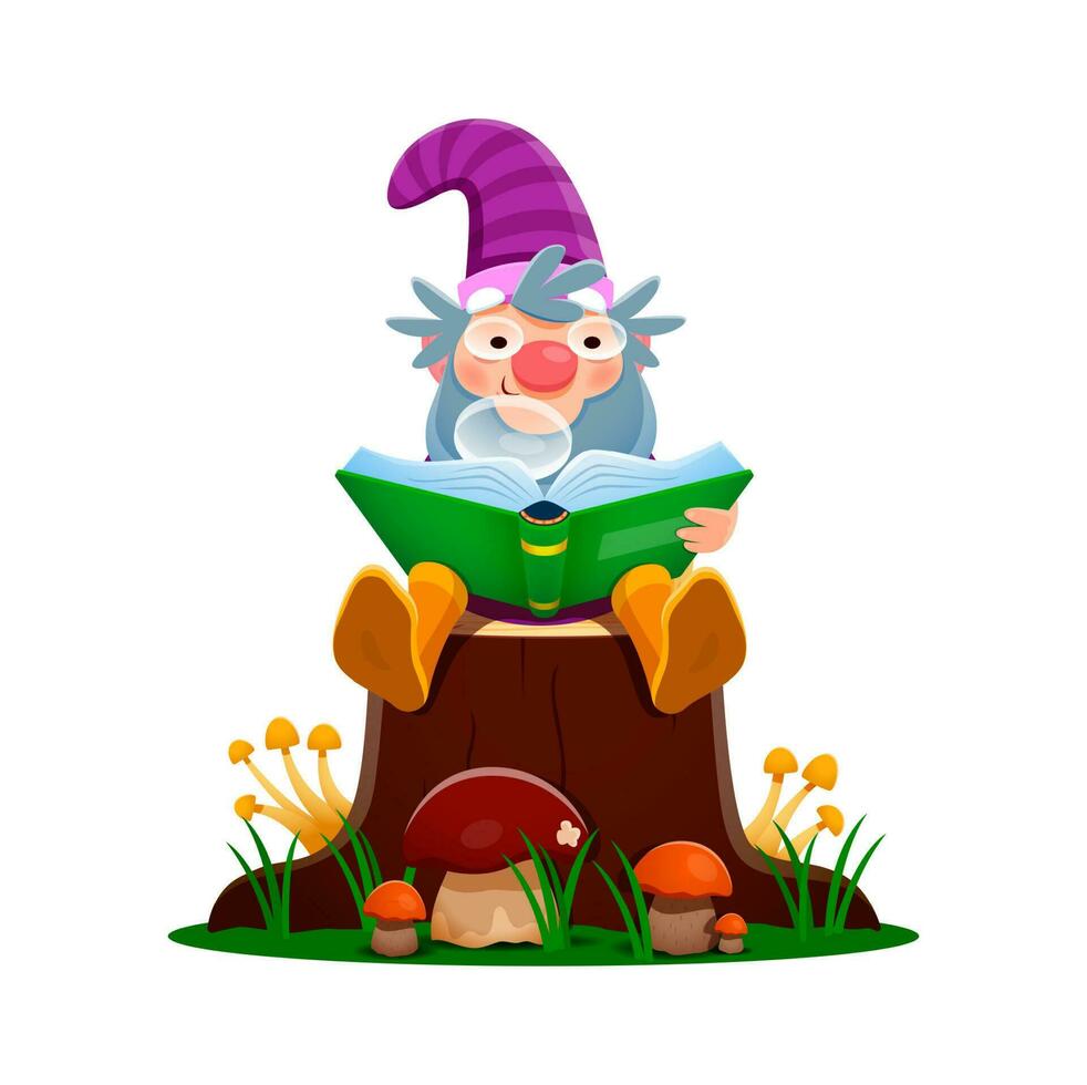 Cartoon gnome dwarf character sitting on stump vector