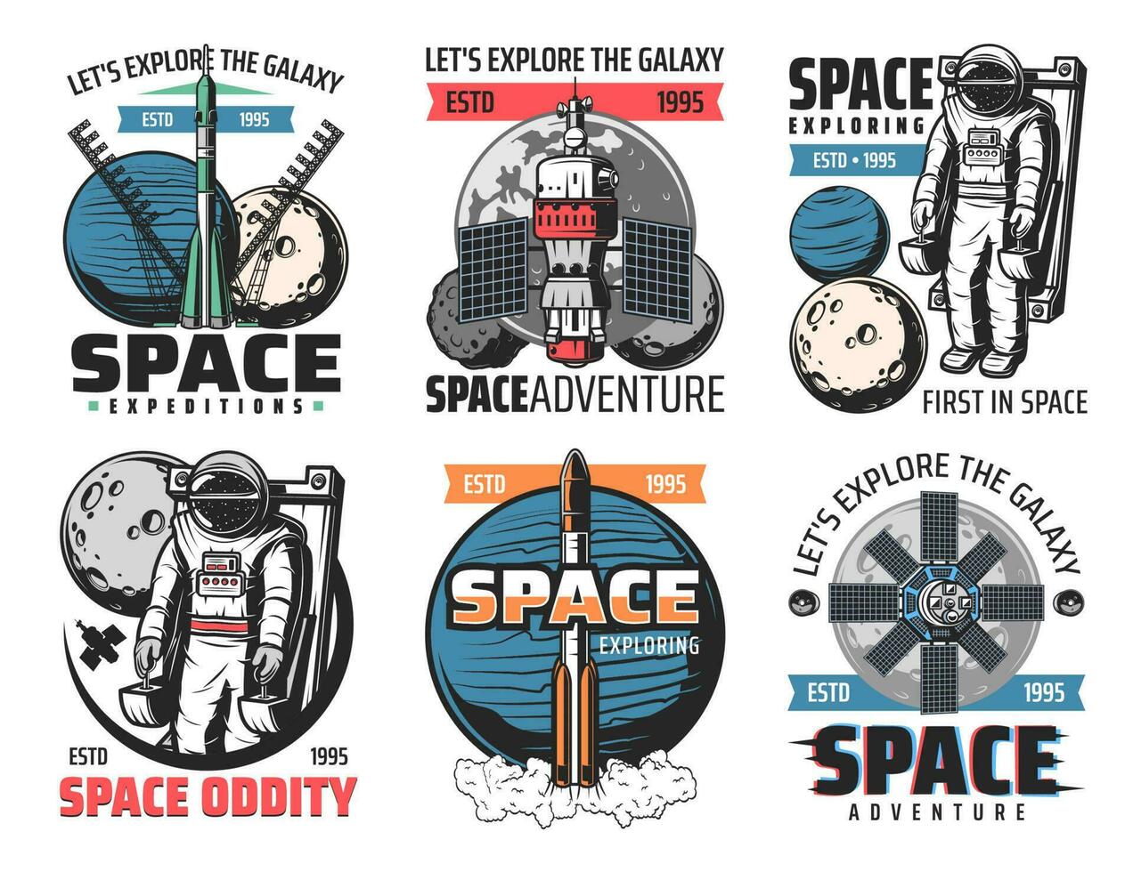 espacio explorador, astronautas misión vector íconos
