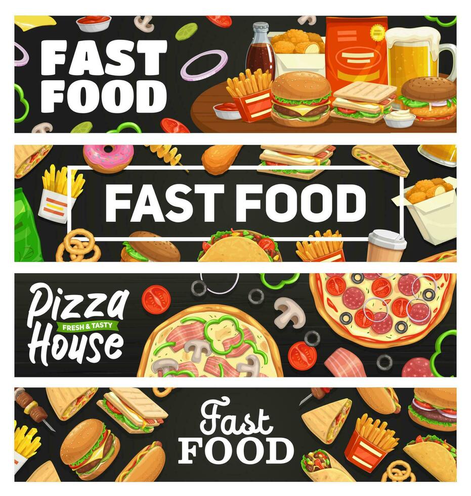 Fast food, takeaway meal banners, vector cafe menu