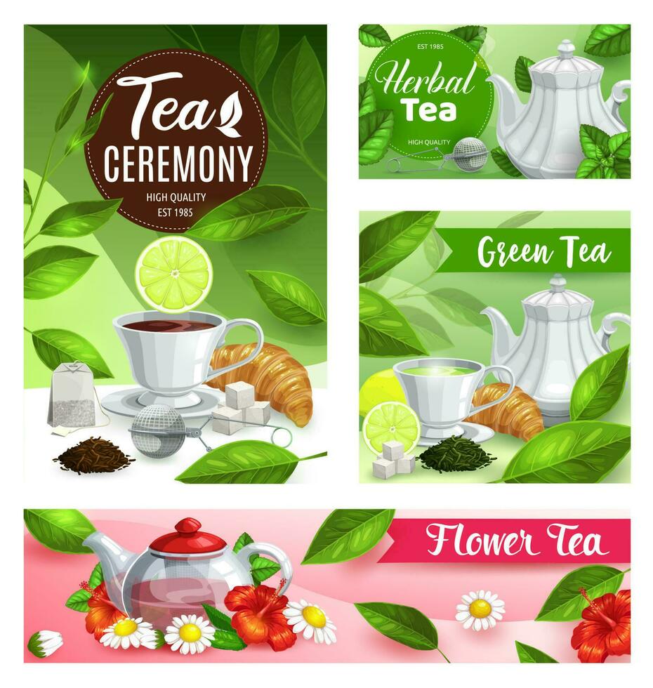 Tea vector posters with cup, teapot and flowers