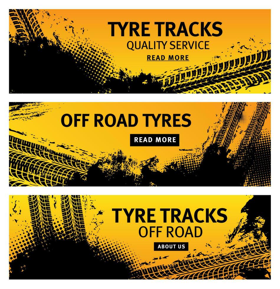 Tyre tracks, off road tire prints, grunge banners vector