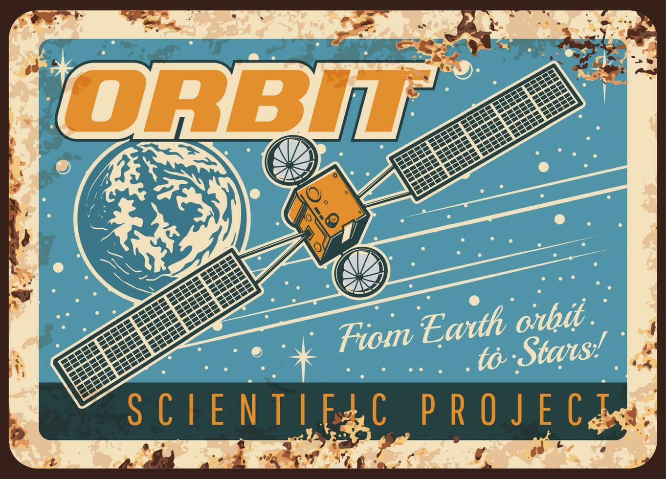 Satellite on orbit vector retro rusty metal plate