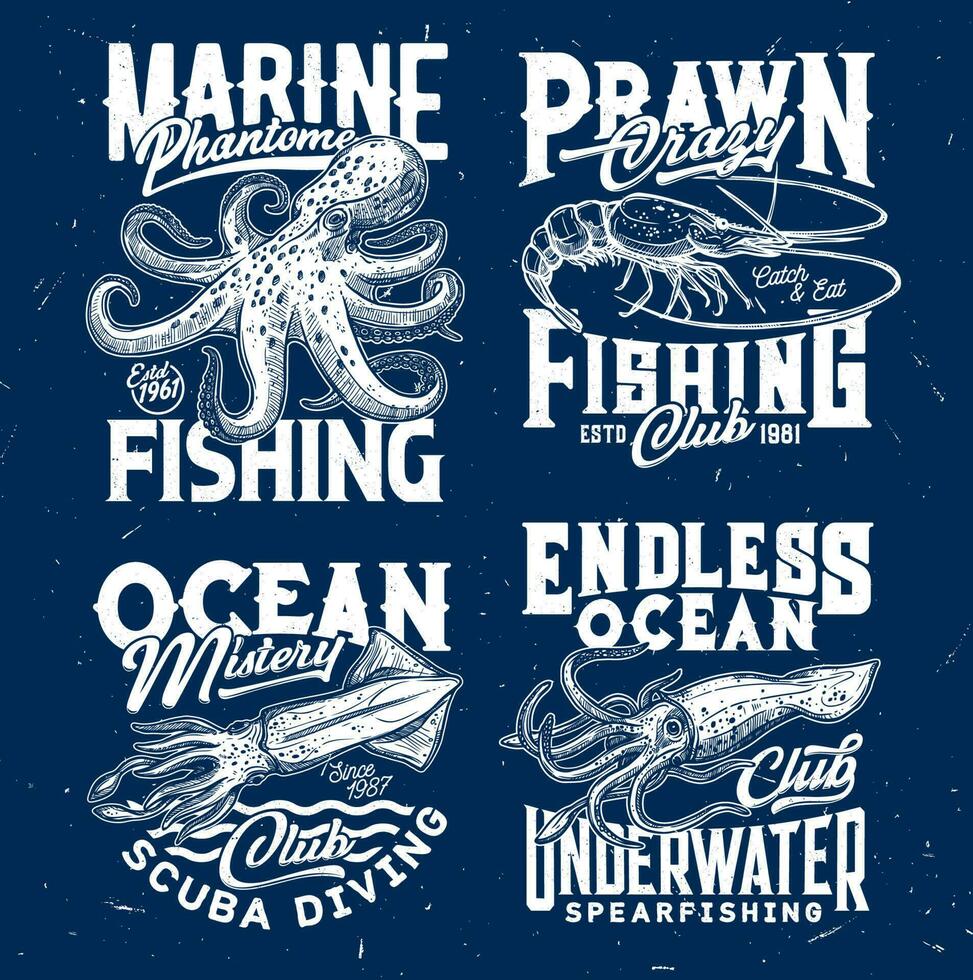 Marine prawn fishing, scuba diving club print vector