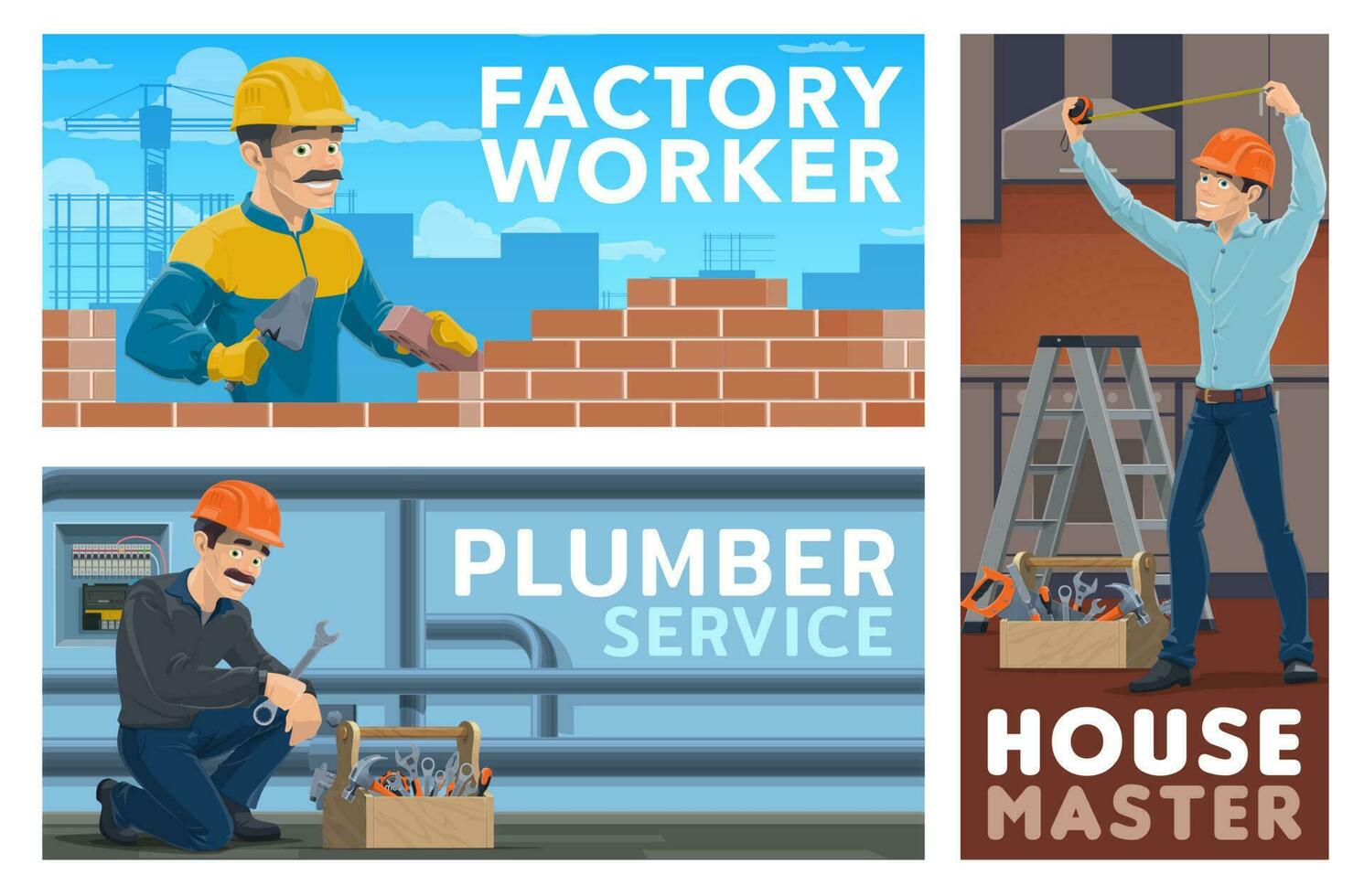 Plumber, builder and house master vector banner