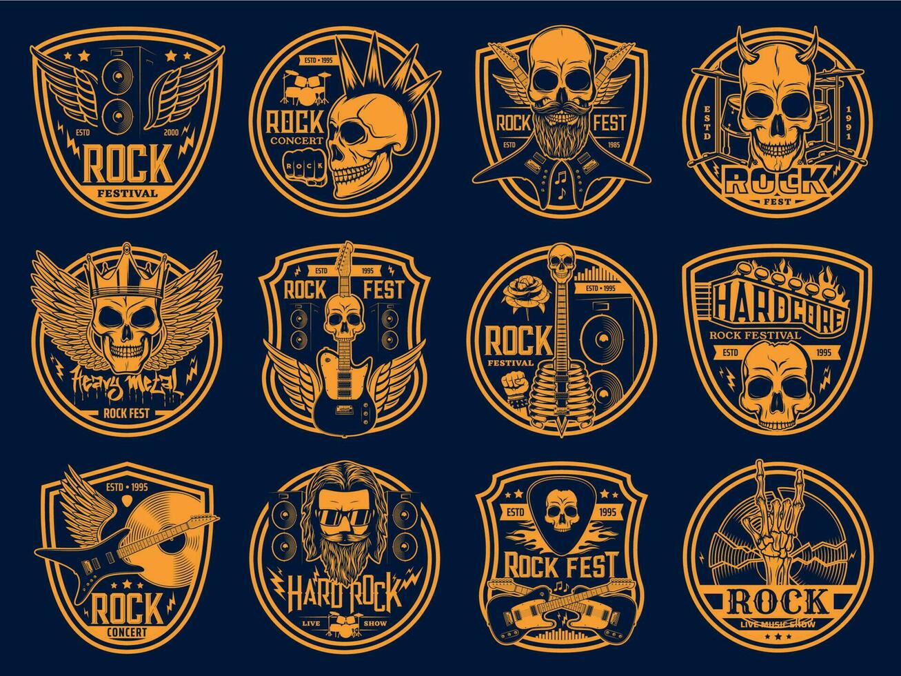 Heavy rock and punk music vector icons set