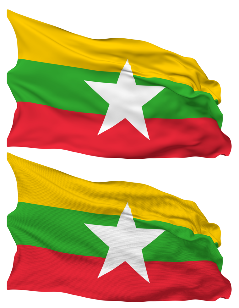 Myanmar, Burma Flag Waves Isolated in Plain and Bump Texture, with Transparent Background, 3D Rendering png