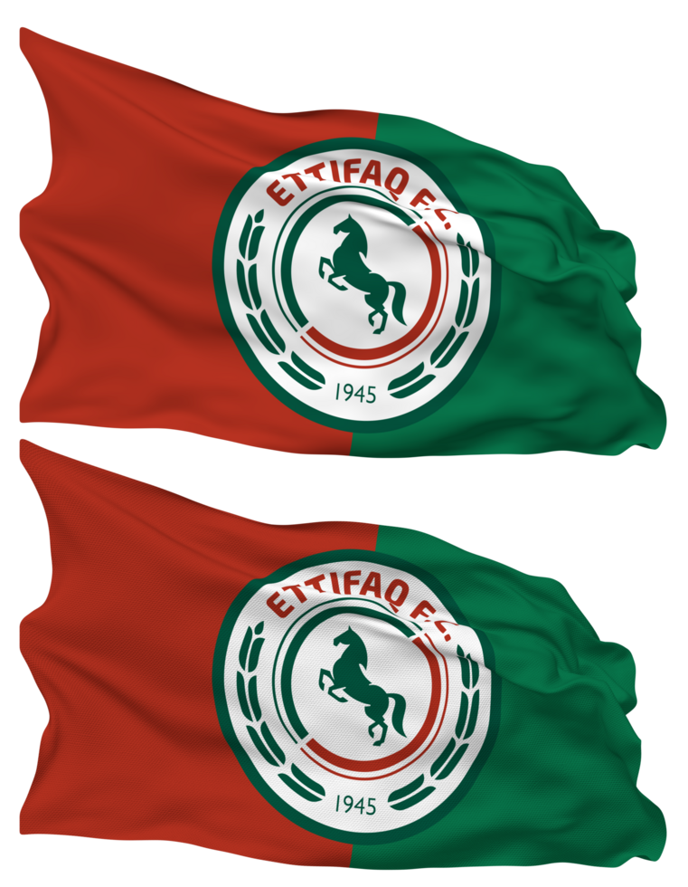 Al Ettifaq Football Club Flag Waves Isolated in Plain and Bump Texture, with Transparent Background, 3D Rendering png