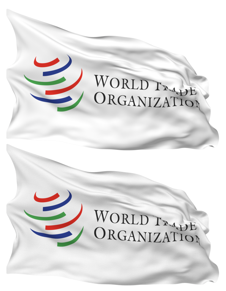 mondo commercio organizzazione, wto bandiera onde isolato nel pianura e urto struttura, con trasparente sfondo, 3d interpretazione png
