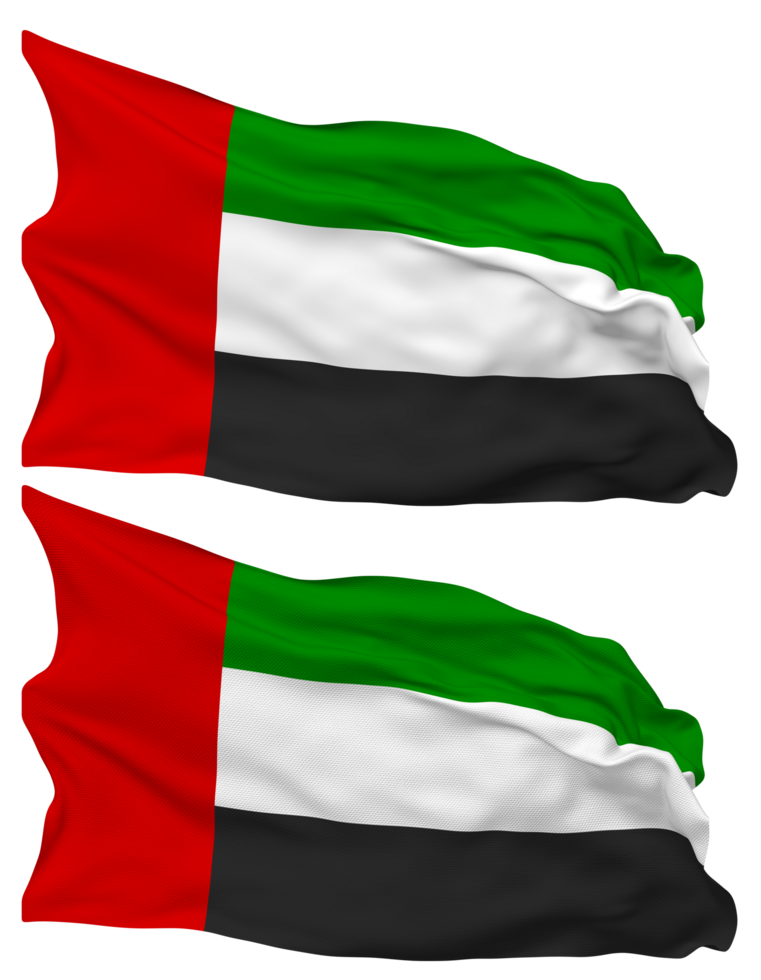 unido árabe emiratos bandera olas aislado en llanura y bache textura, con transparente fondo, 3d representación png