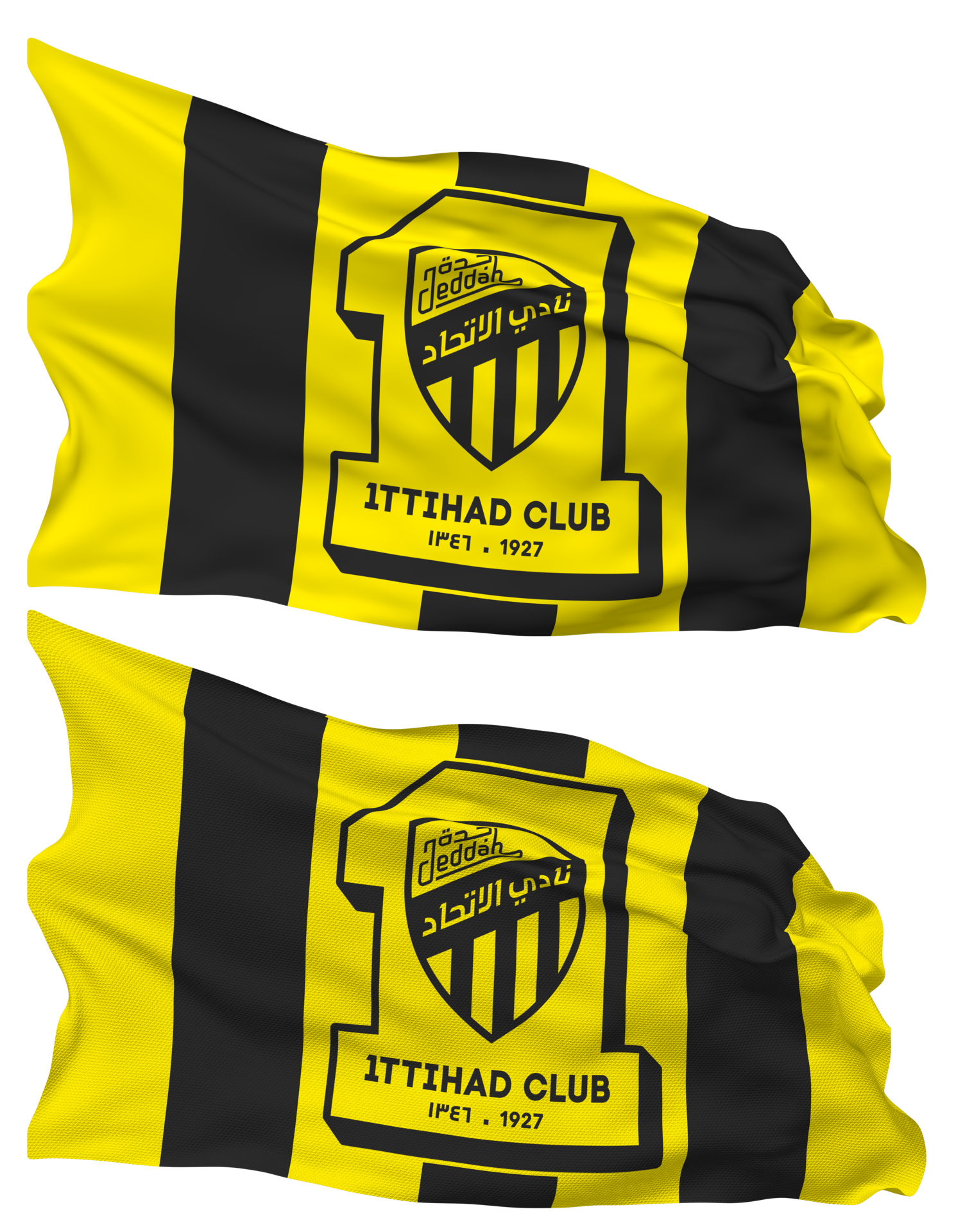 Al Ittihad Saudi Arabian Club Flag Waves Isolated in Plain and Bump 