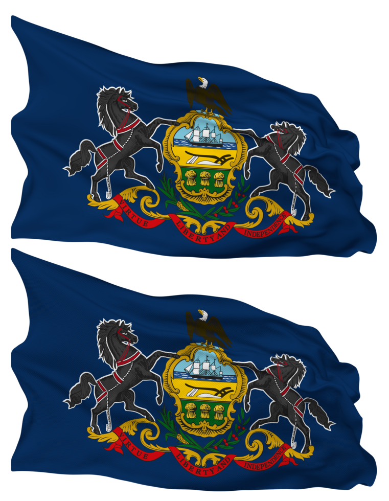 State of Pennsylvania Flag Waves Isolated in Plain and Bump Texture, with Transparent Background, 3D Rendering png