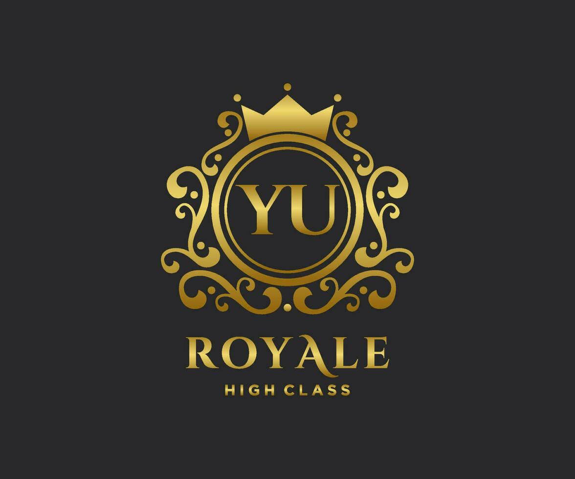 Golden Letter YU template logo Luxury gold letter with crown. Monogram alphabet . Beautiful royal initials letter. vector