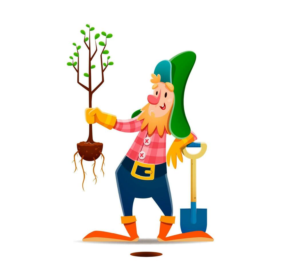 Cartoon gnome or dwarf character planting seedling vector