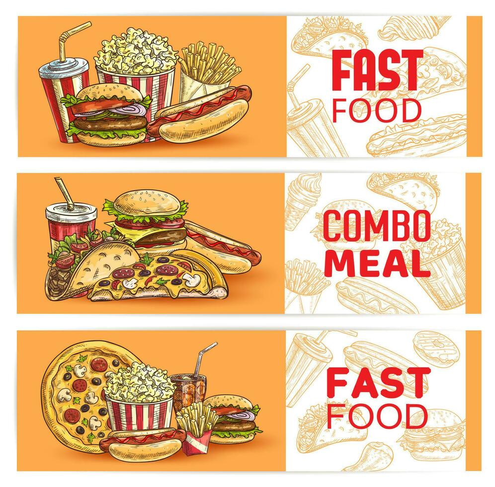 Fast food banners sketch burgers sandwiches, pizza vector