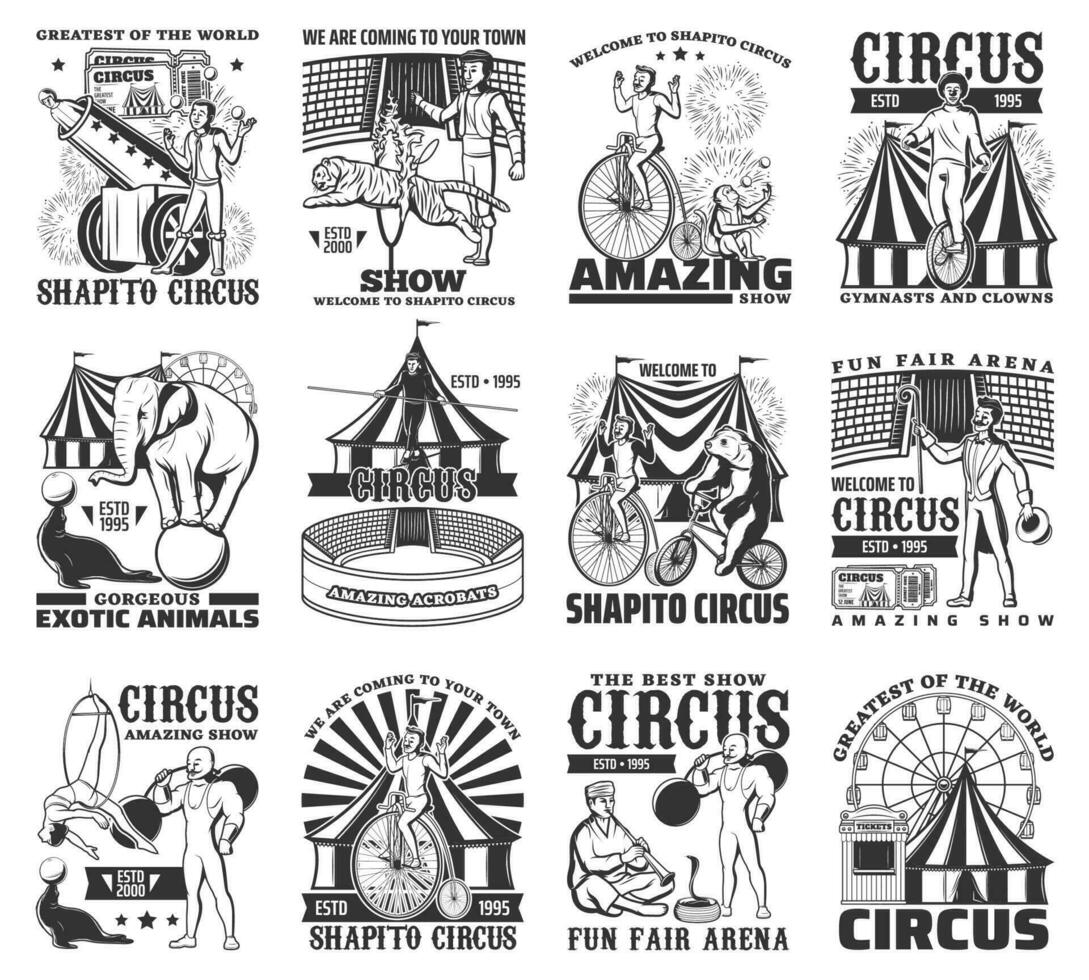 Big Top Circus performances engraved vector icons