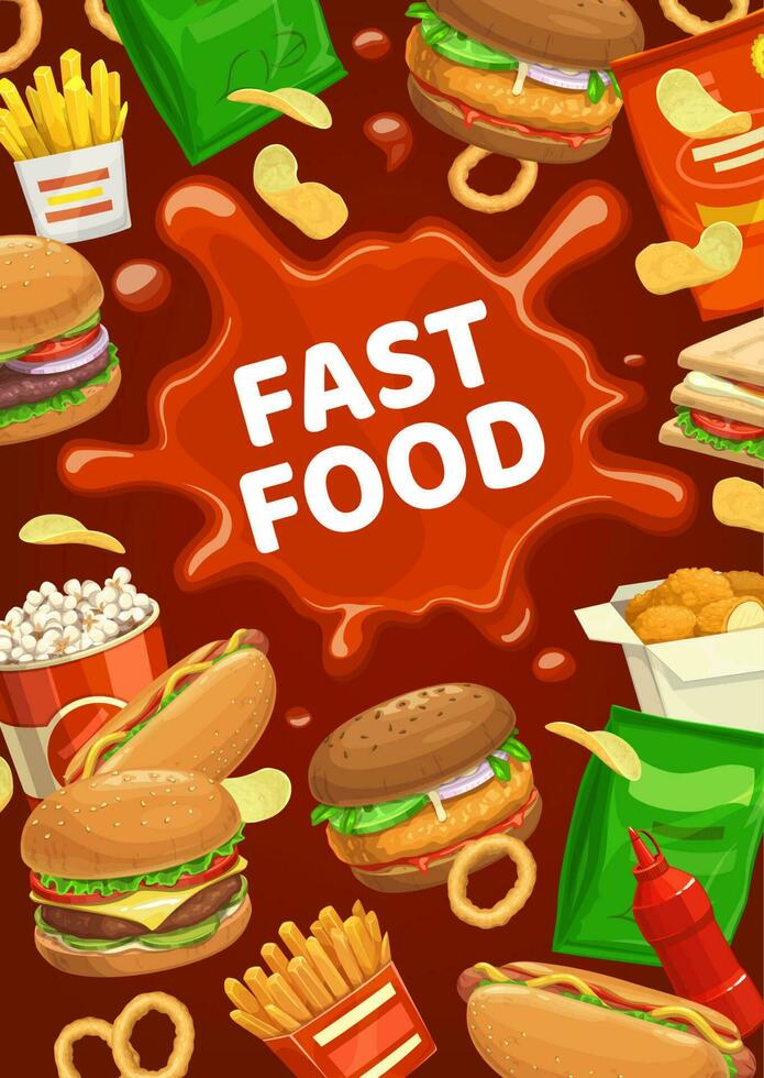 Fast food burger and snacks with ketchup spot vector