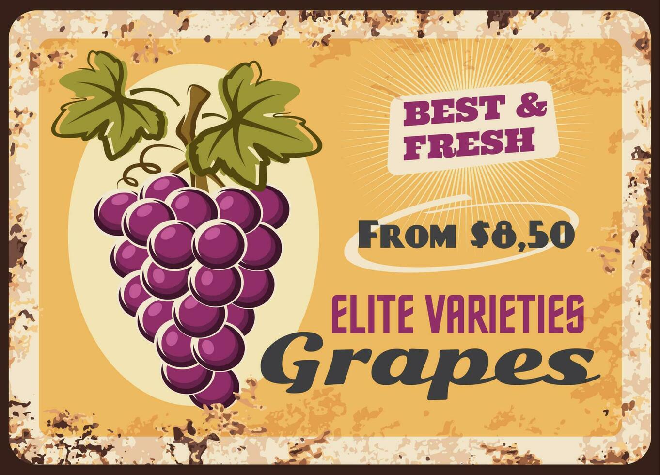 Grapes rusty metal plate, vintage rust tin sign vector