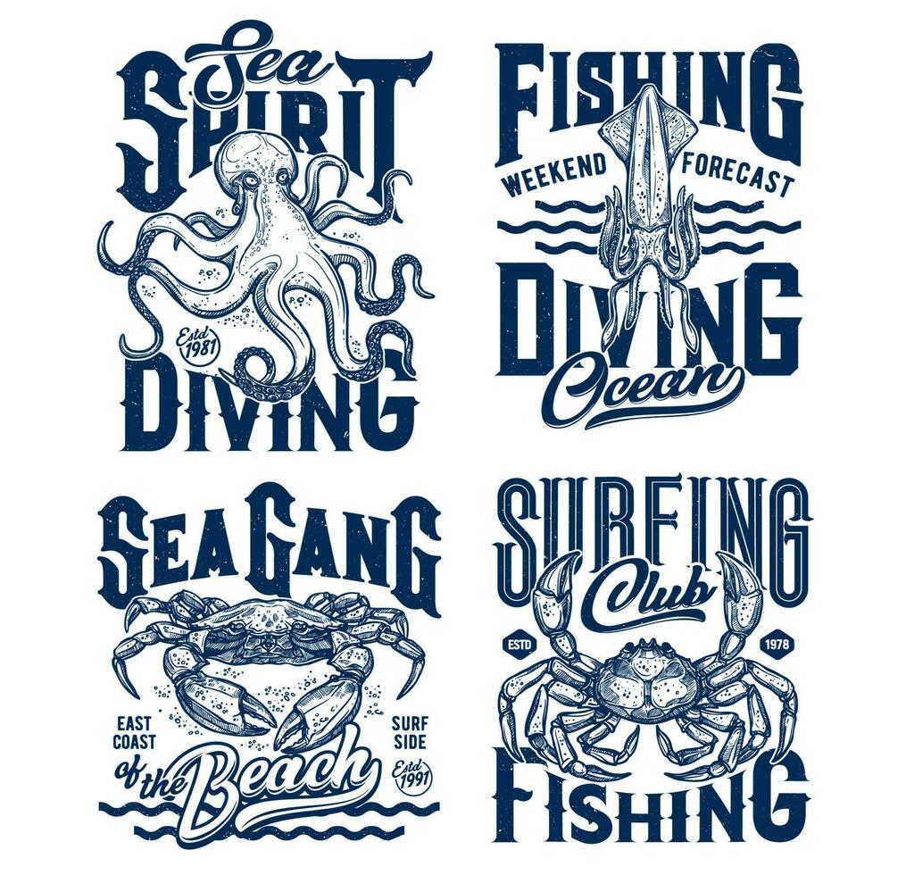 Tshirt prints with underwater vector animals set
