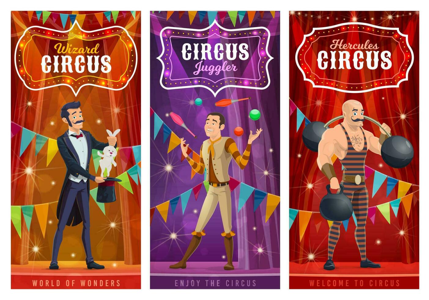 Circus performers vector banners, big top artists