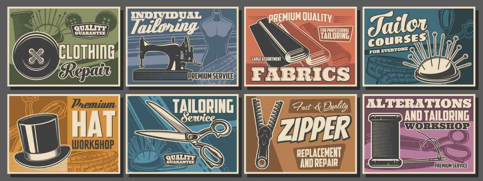 Sewing and tailor posters, atelier shop tailoring vector