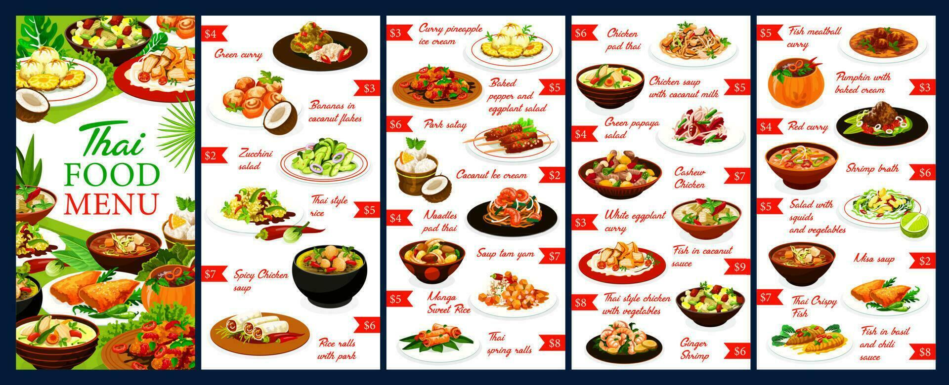 tailandés restaurante comidas menú diseño vector modelo