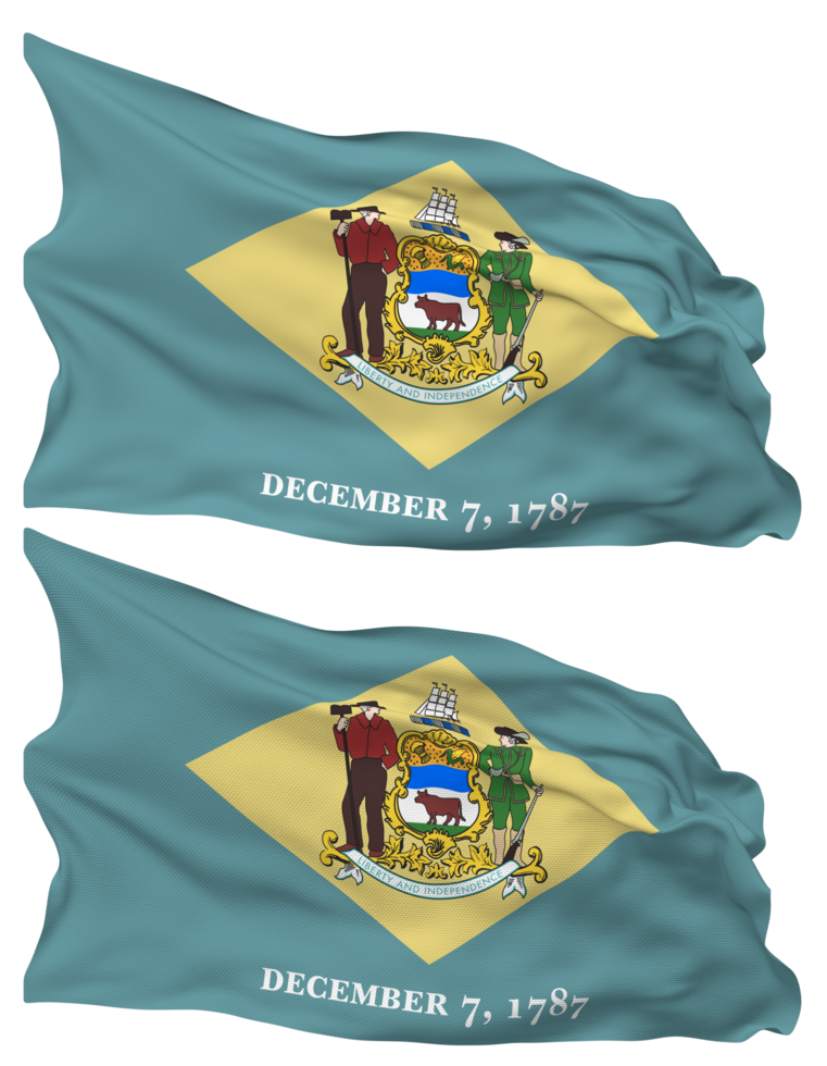 State of Delaware Flag Waves Isolated in Plain and Bump Texture, with Transparent Background, 3D Rendering png