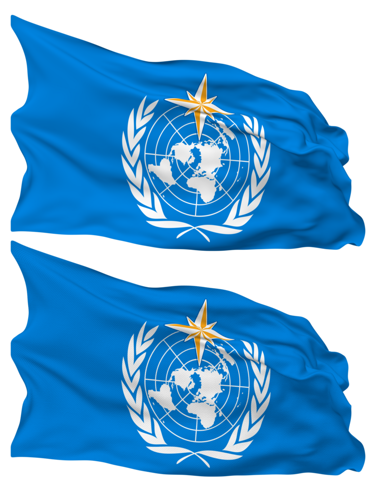 World Meteorological Organization, WMO Flag Waves Isolated in Plain and Bump Texture, with Transparent Background, 3D Rendering png