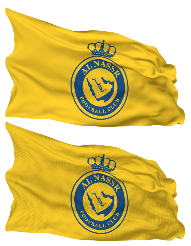 Al Nassr Football Club Flag Waves Isolated in Plain and Bump Texture, with Transparent Background, 3D Rendering png