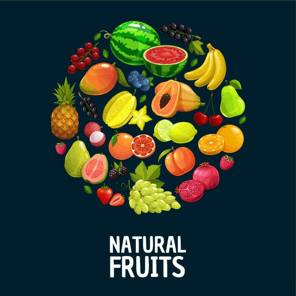 Natural fruits and berries vector round banner