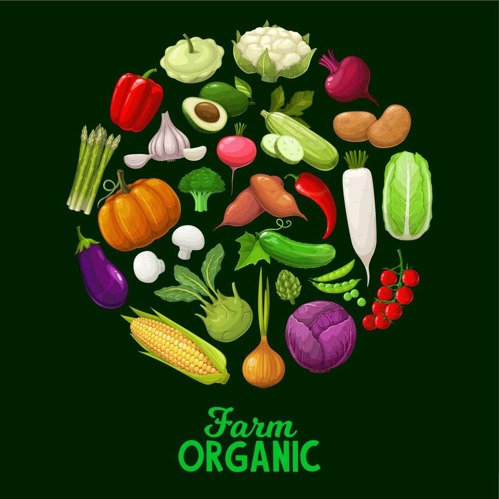 Farm vegetables, vector veggies Cartoon poster