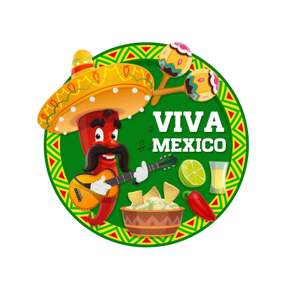 mexico chile con sombrero, guitarra y maracas vector