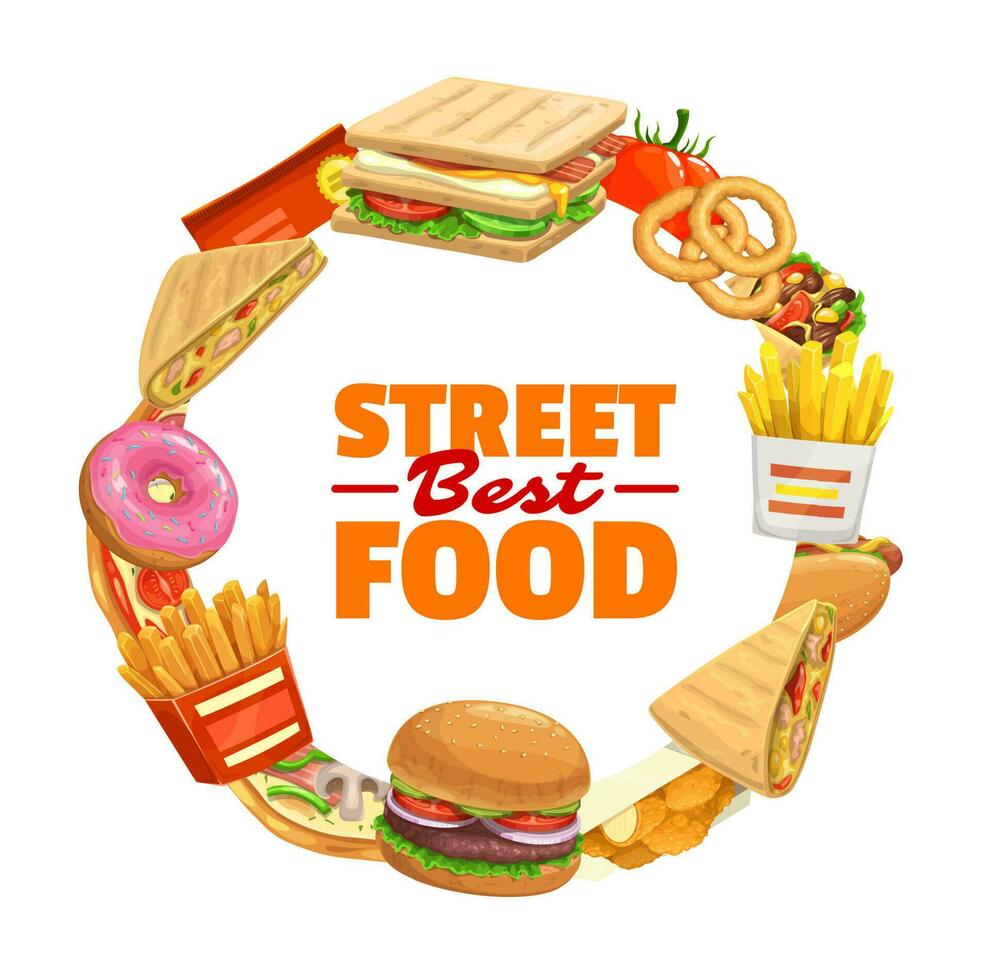 Fast food round banner, frame with street meals vector