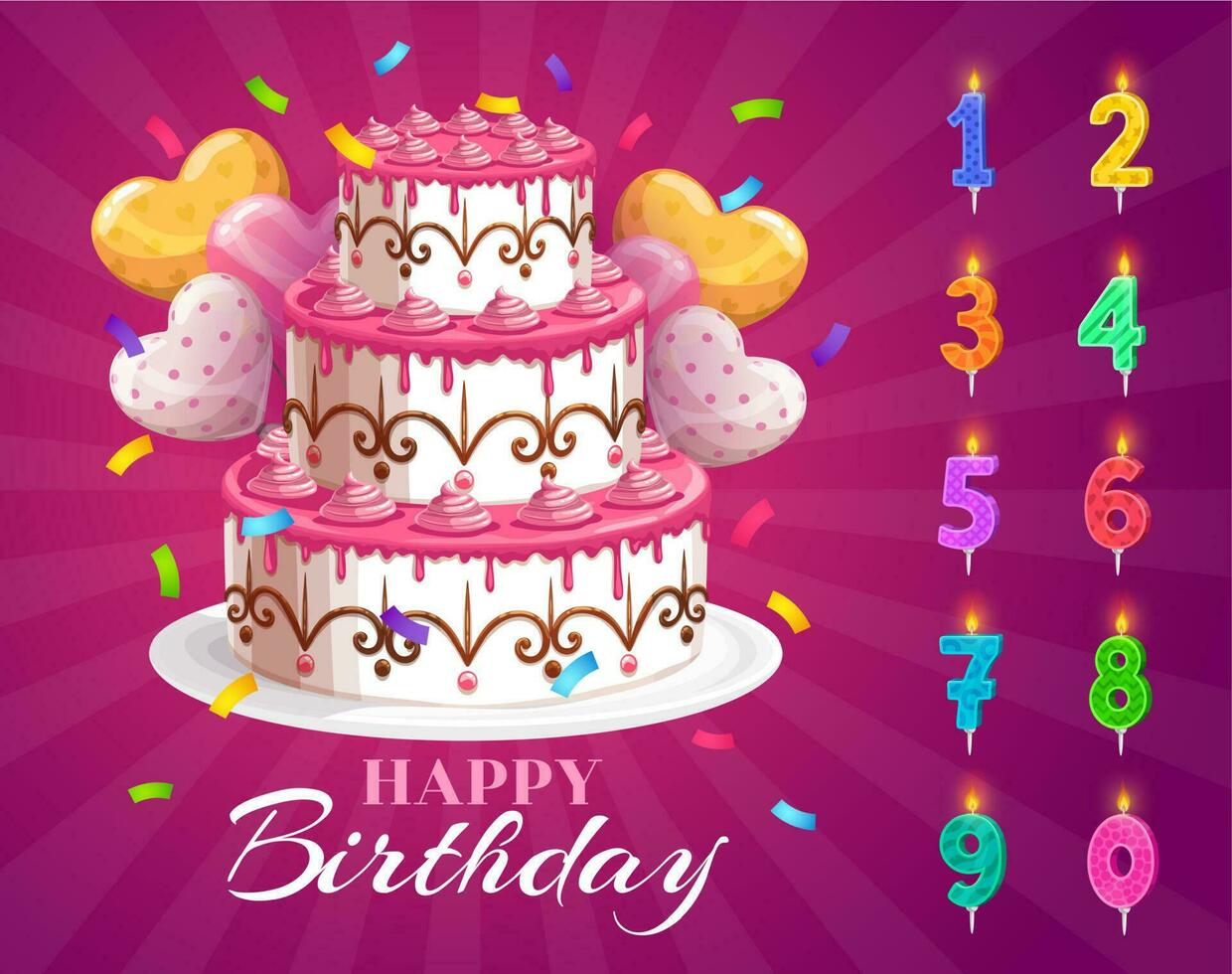 Birthday cake and candles with age numbers set vector