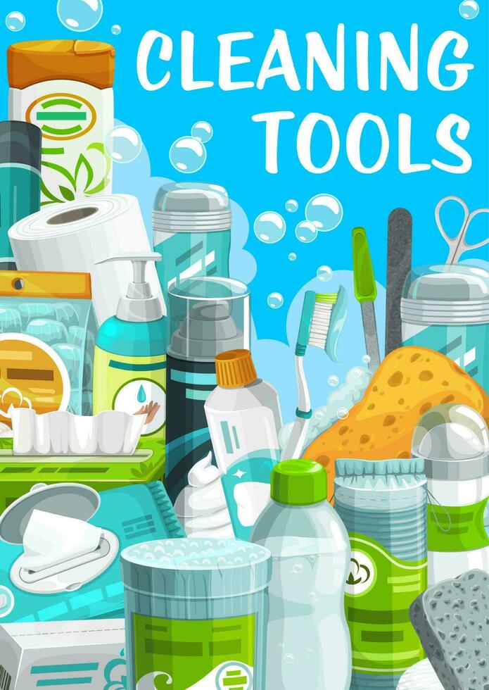 Cleaning tools, hygiene and body care products vector
