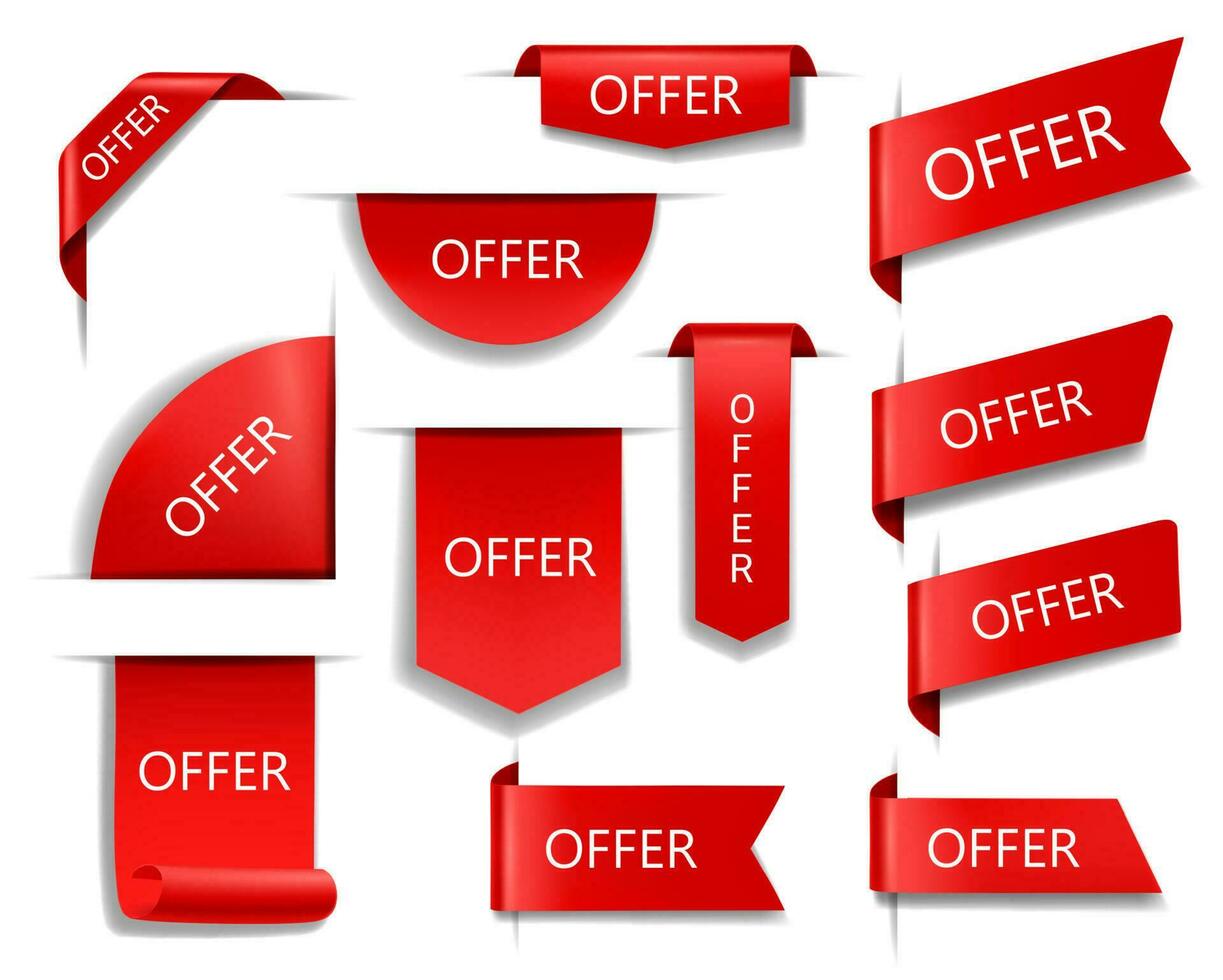 Offer red vector banners, ribbons and labels.