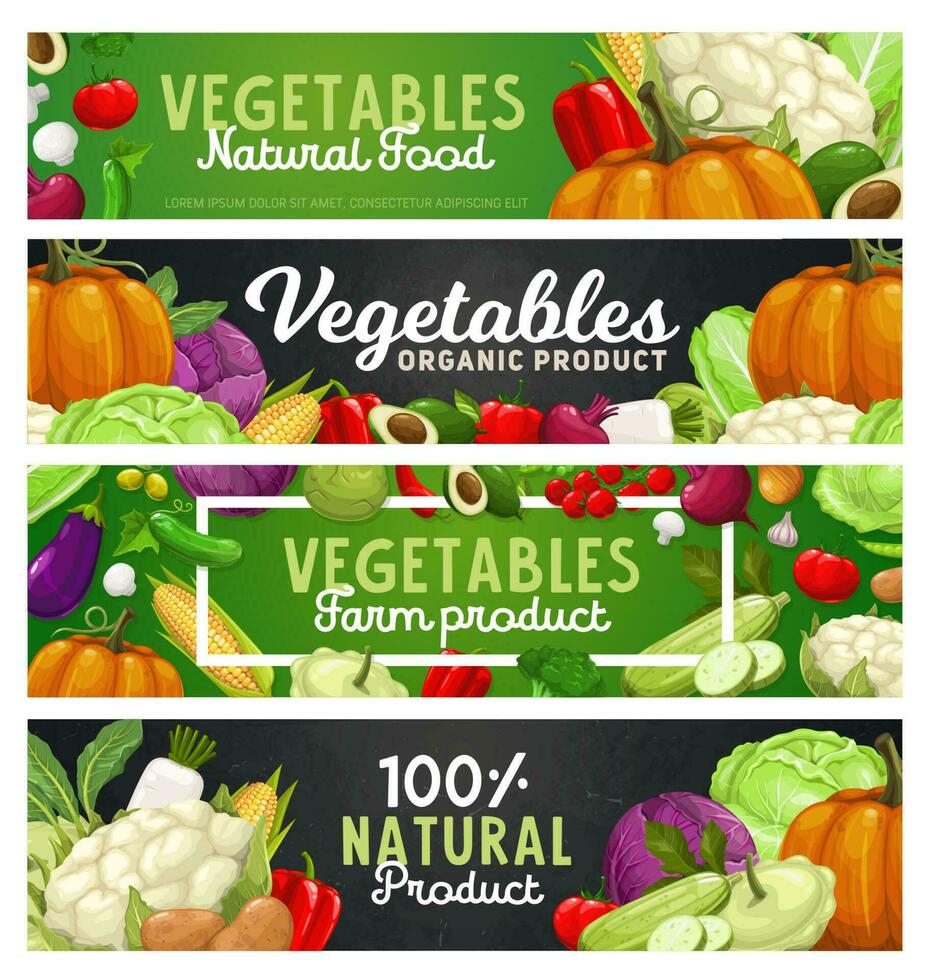 Vegetables and farm veggies, food harvest banners vector
