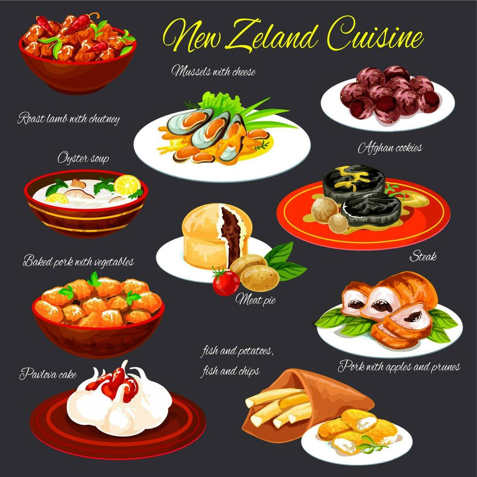 New Zealand cuisine meat meals and desserts vector