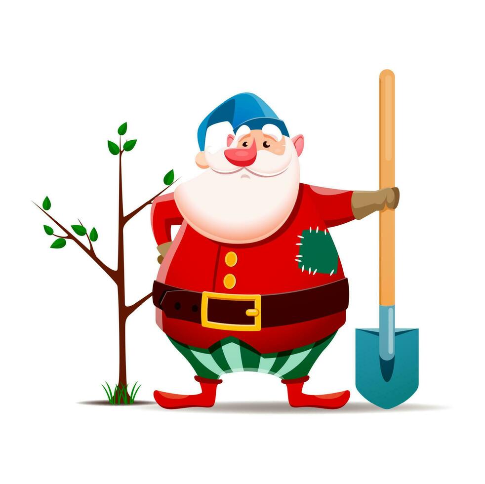 Cartoon gnome or dwarf character planting a tree vector