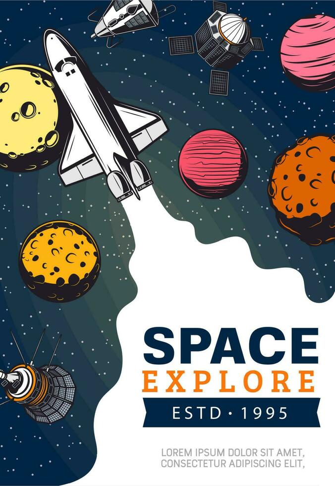 Space explore, spaceship and planets vector