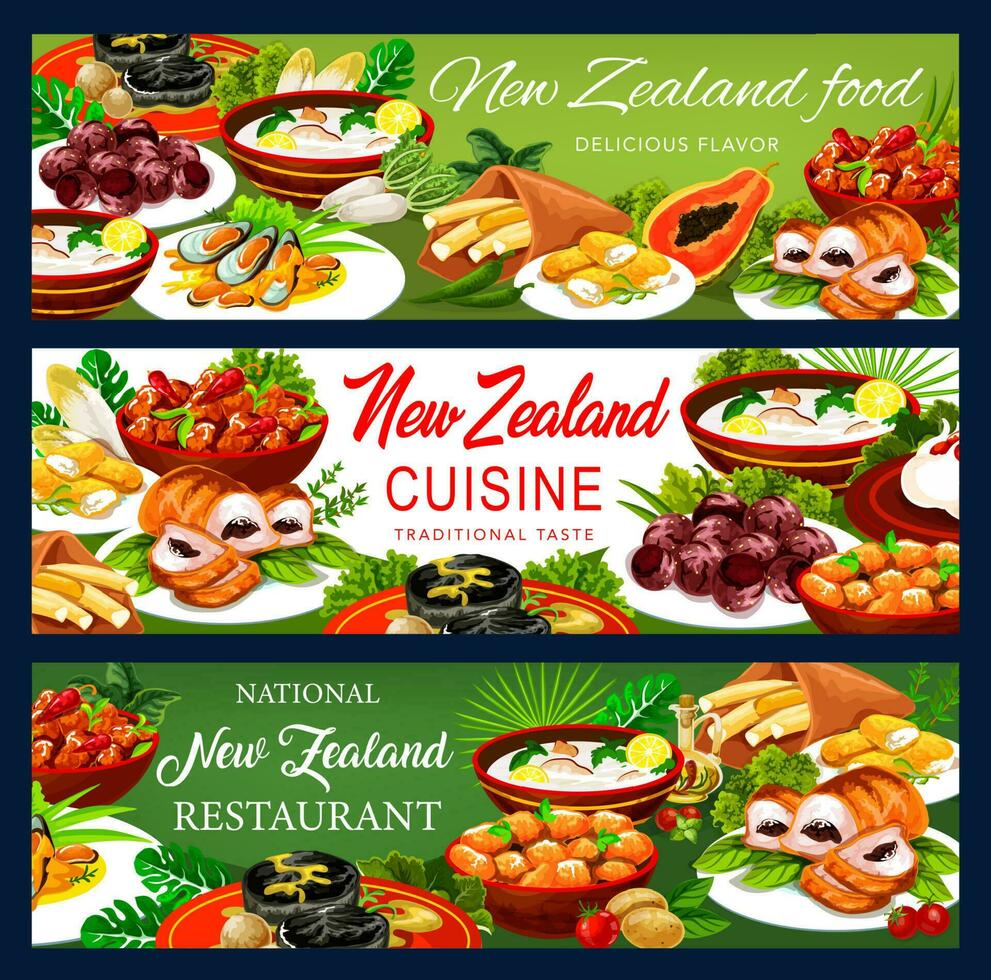 New Zeland cuisine cartoon vector banners set