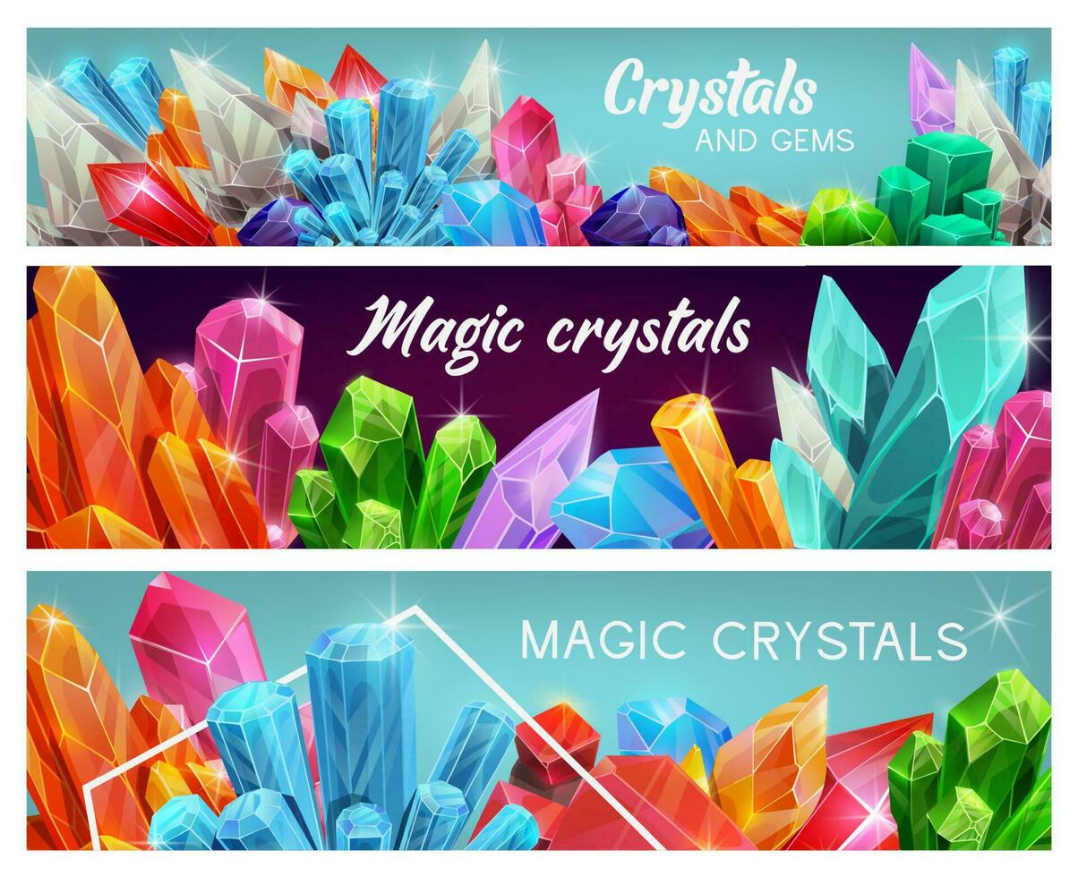 Magic crystal gems, gemstones cartoon vector jewel